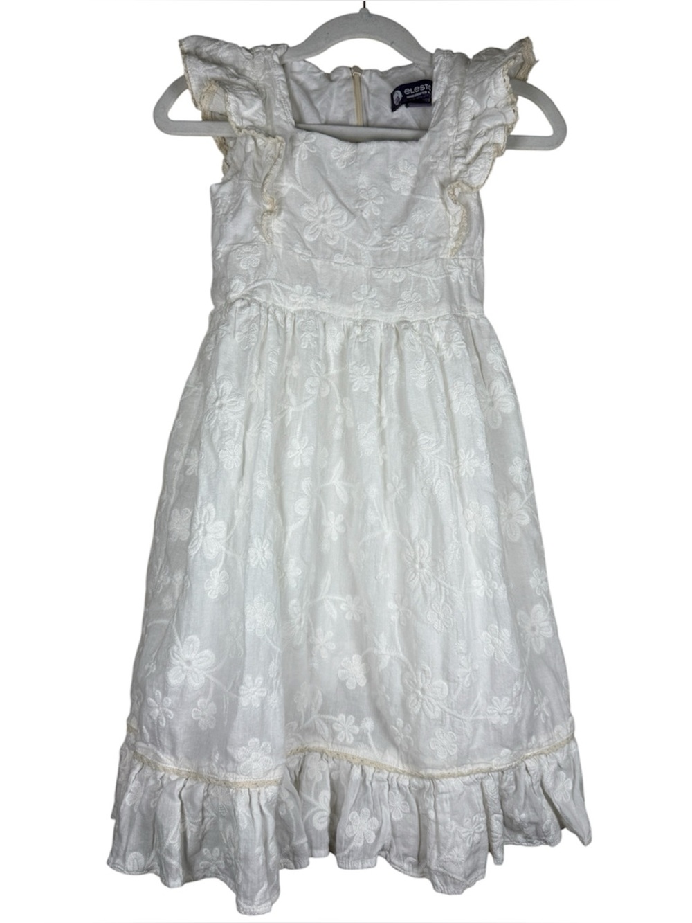 Elestory flutter sleeve dress size 6-7 floral embroidered white & cream